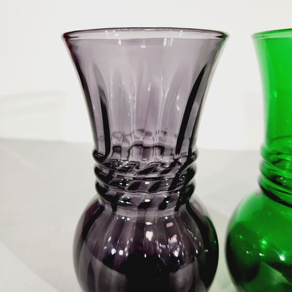 Indiana Glass Anchor Glass Vase Lot of 2 Plum Swirl Forest Green Vtg 6 1/4in USA - Picture 3 of 11